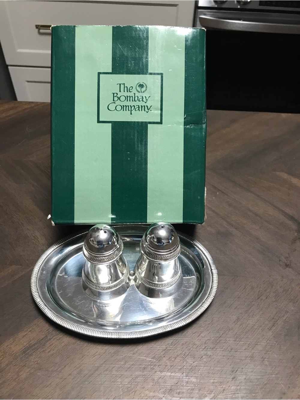 The Bombay Company Silver Plated Salt & Pepper Shakers with Tray